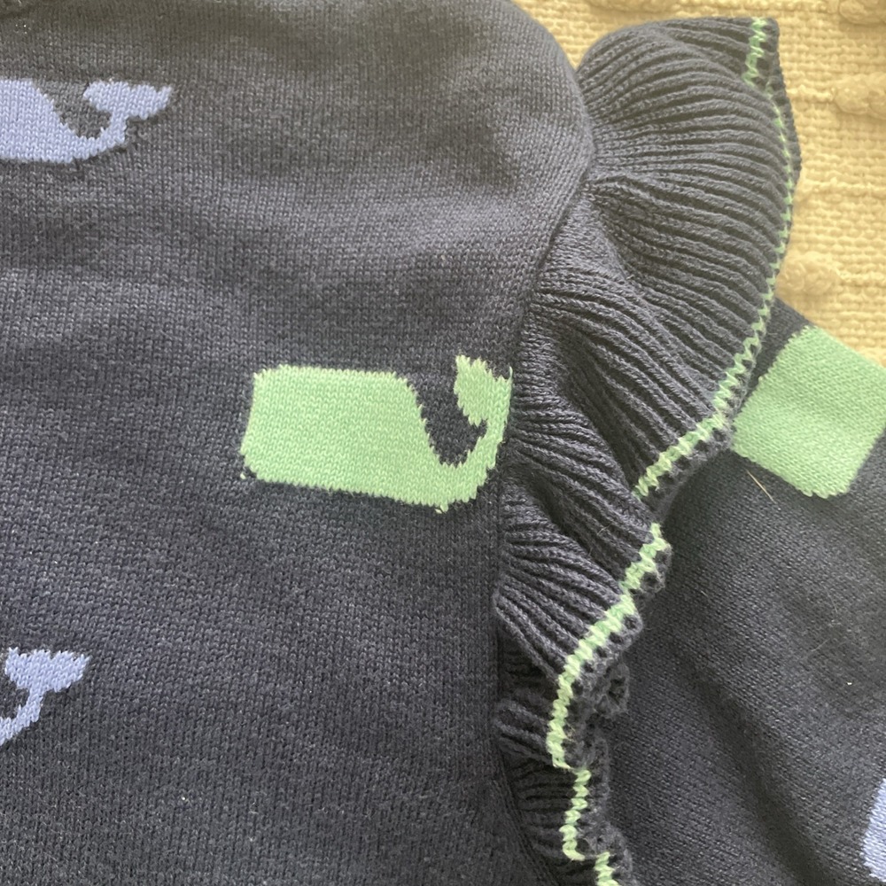 Vineyard Vines Sz M Womens Sweater Pullover Navy Multi Whale Print Cotton Ruffle - Picture 7 of 8